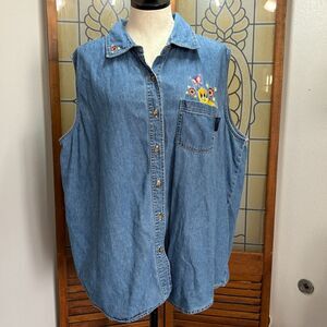 Looney Tunes Vintage Y2K Tweety Bird Sleeveless Denim Button Up Woman's Size 24W